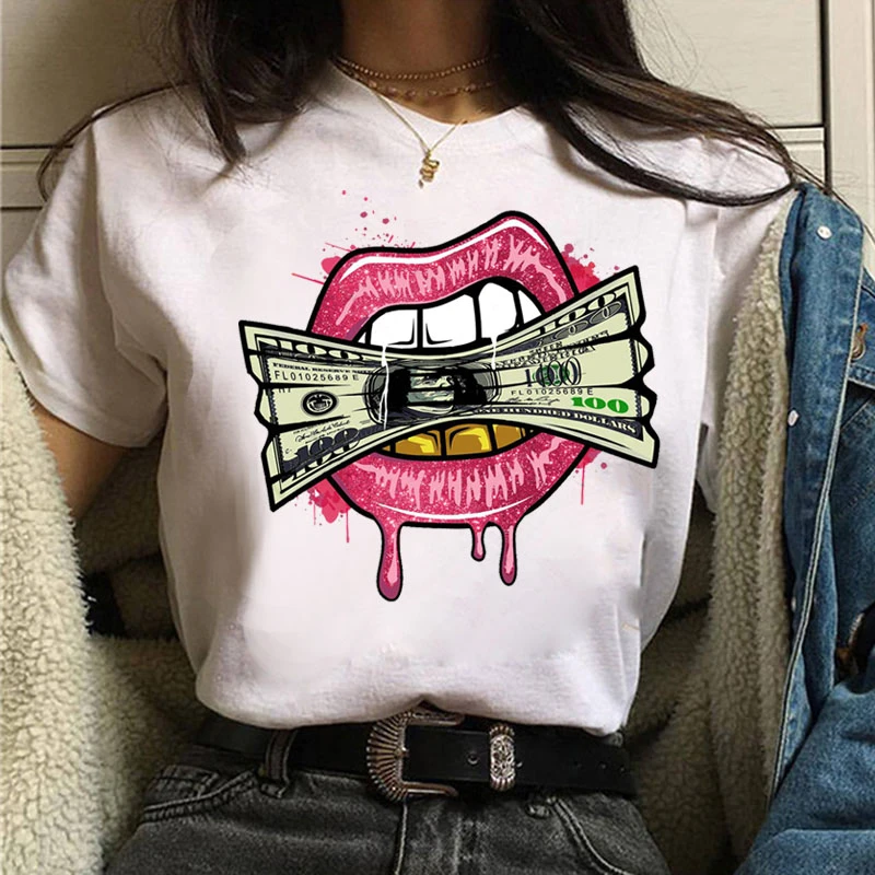 

New Lips and Money Print T Shirt Women Summer Tops Graphic Tees Funny Harajuku T-shirt Unisex Fashion Tshirt Tee Female T-shirts