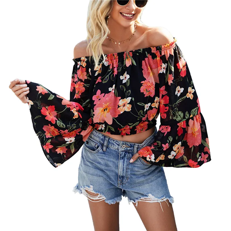 

YGYEEG Summer Ruffle Shirts Off Shoulder One Collar Female Blouse Sexy Tops Fashion Tees Floral Print Loose Black Blue Clothes