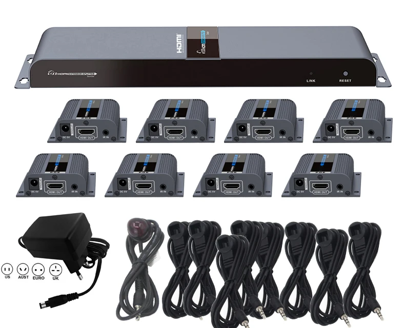 LKV718pro HDMI 1X8 расширитель сплиттер 8-way HDMI 1X8 сплиттер удлинитель cat5e/6 кабель до 40 м(8 приемников в комплекте