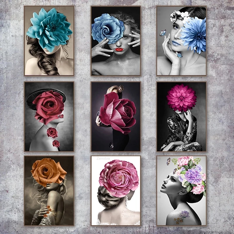 

Scandinavian Flower Woman Wall Art Canvas Print Abstract Poster Painting Decoration Picture Nordic Modern Living Room Decorative