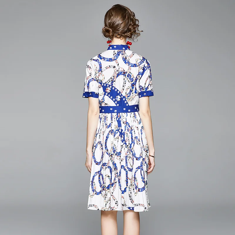 

Banulin Fashion Summer Runway Pleated Dress 2020 Female Bow Tie Collar Short Sleeve Vintage Print Casual Midi Dress Vestidos