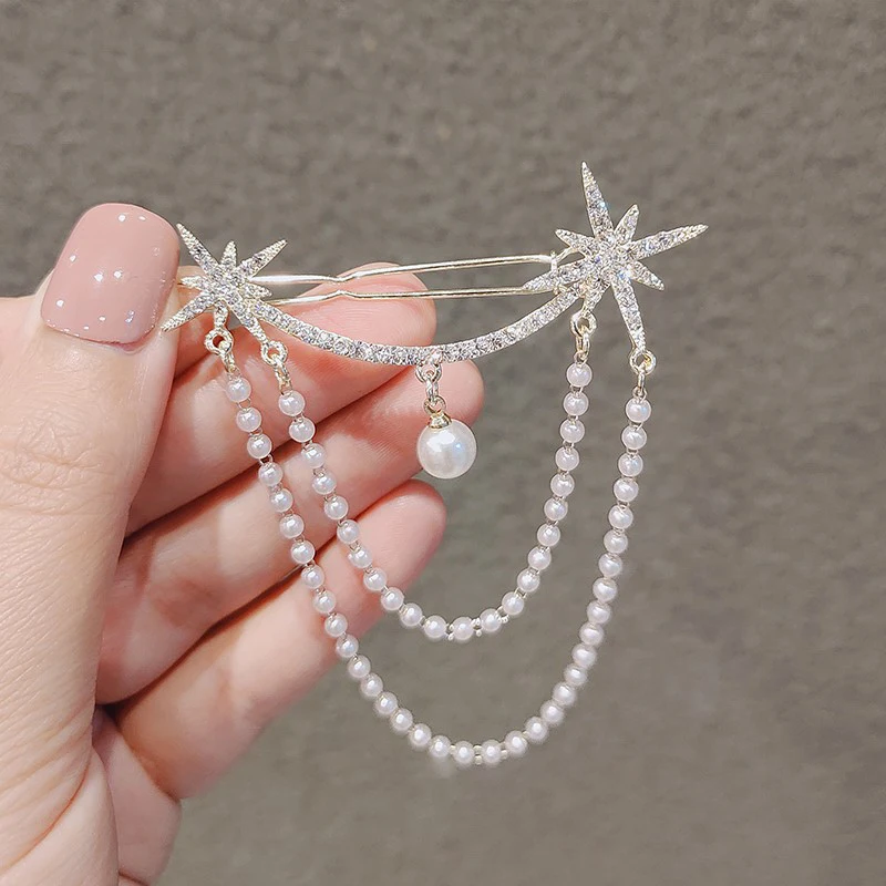 

DoraDeer 2021 Hairpin Women Shiny Stars Girl Hair Clip Side Clips Tassel Pearl Hairgrips Barrettes Headwear For Lady Accessoires
