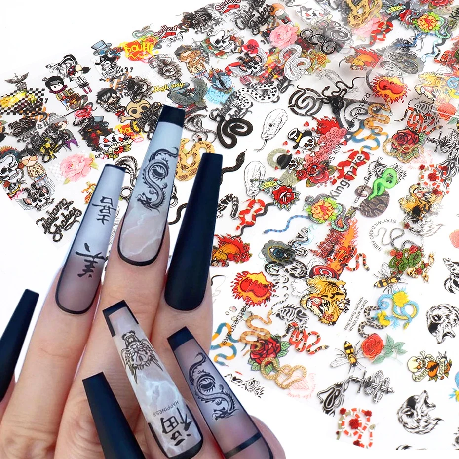 

10pcs/set Dragon Snake Nail Foils Rose Skull Nail Art Transfer Stickers Slider Paper Summer Manicure Decoration Accessory CHDW21