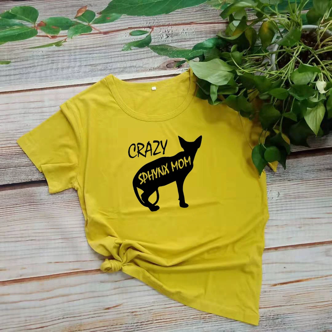 Crazy Sphynx Cat мама мамочка мама женский короткий рукав Топ Tees90s Хлопок Забавный буквенный принт графическая футболка с круглым вырезом Прямая поставка - Цвет: mustard