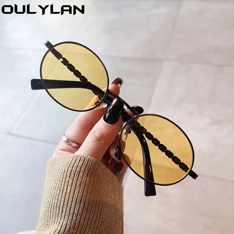 

Маленькие солнцезащитные очки Oulylan в винтажном стиле для мужчин и женщин, модные Овальные Солнцезащитные очки с металлической цепочкой, жен...