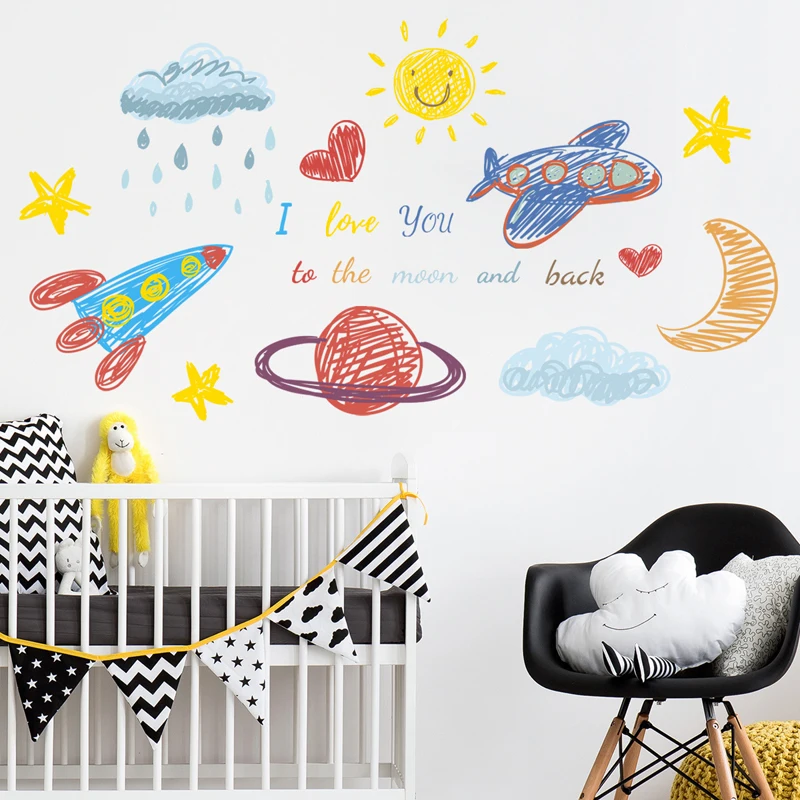 

Zollor Hand Painted Airplane Planet Sun Rocket Wall Sticker Bedroom Living room Children's room Creative Decoration Stickers