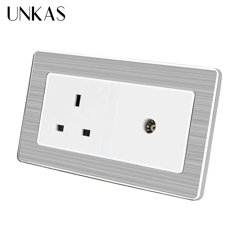 UNKAS 146 mm * 86 Wall Socket Stainless Steel Brushed Panel UK Standard Socket+Female TV Jack Double Outlet | Обустройство дома