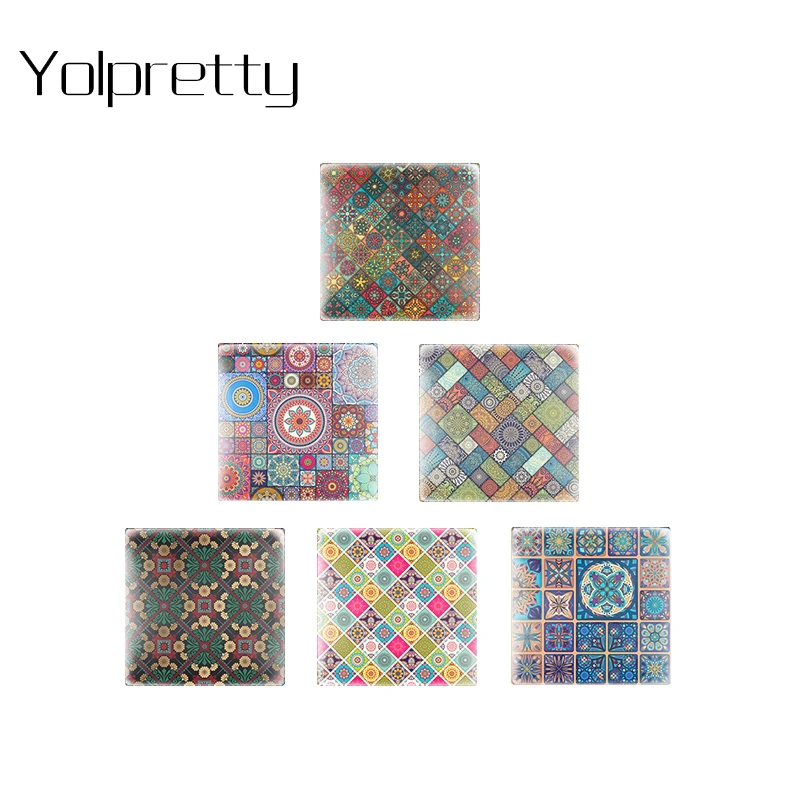 

Vintage Ethnic Mandala Seamless Paintings Square Glass Cabochon Jewelry Findings Making Conponet Accessories