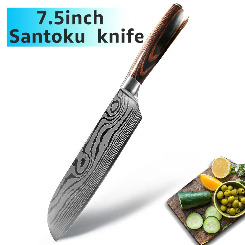 7.5 INCH SANTOKU Ножи шеф-повара 9 набор кухонных ножей 7CR17 440C из высокоуглеродистой нержавеющей стали дамасский рисунок Gyuto Кливер набор слайсер нож сантоку - Цвет: 7.5 INCH SANTOKU