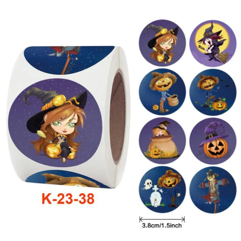 

500 Pcs Halloween Round Kraft Pumpkin Scarecrow Witch Label Stickers Decor Craft Stationery Adhesive Sealing Baking