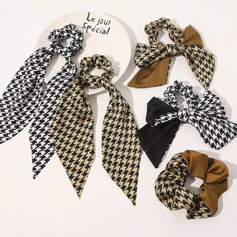 

Ponytail Holder Fashion Headwear Women Ribbon Thousand Bird Grid Bowknot Hair Circle 1Pcs Ribbon Hair Rope