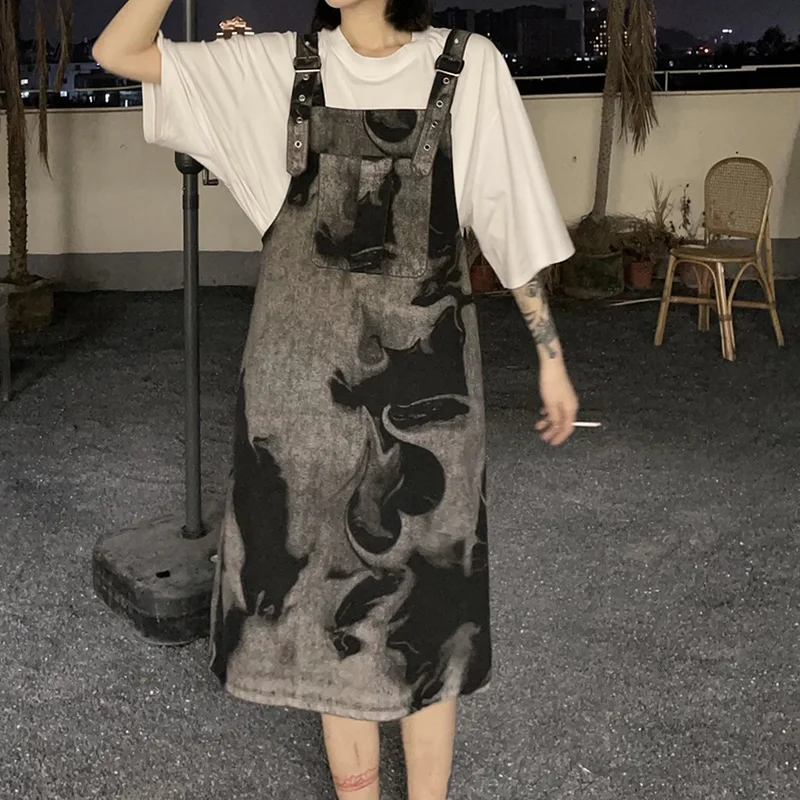 

Women Strap Denim Skirt 2021 Summer Korean Fashion Tie Dye Chic Pocket Casual High Waist Type H Jeans Skirt FC394