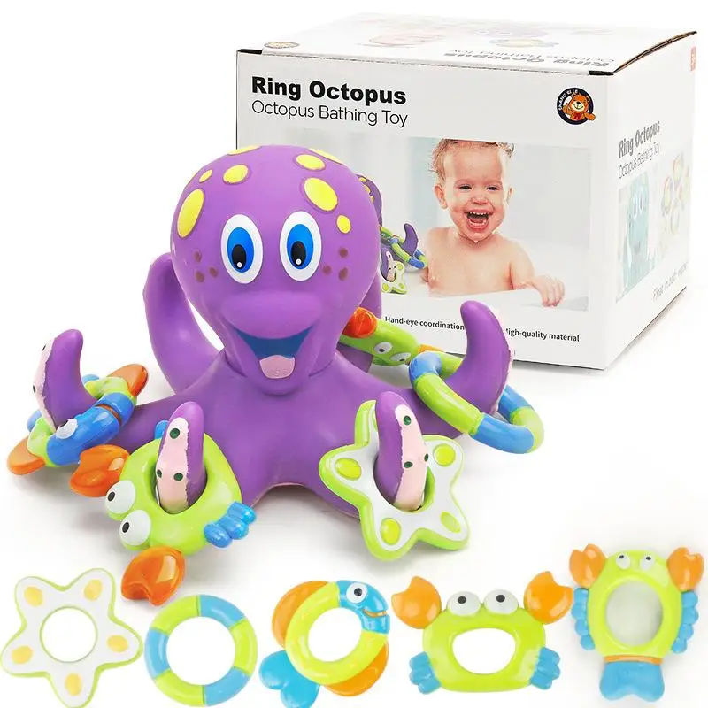 

Floating Purple Octopus with 5 Hoopla Rings Interactive Children Bath Toys Playing Swim Early Education Bathroom Beach Toys