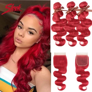 Sleek Mink Blonde Red Color Brazilian Body Wave Bundles With Closure Remy Hair Weave Bunldes Hair E