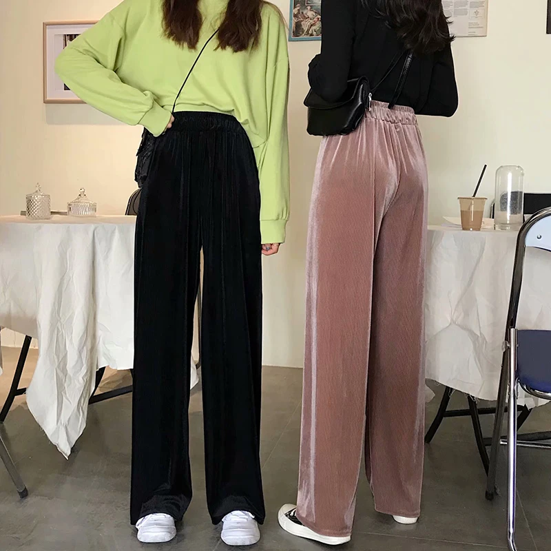 

Gold velvet Wide Leg Pants Womens High Waist Loose Trousers Street attire Youth Fashion Casual Elastic Waist Sweatpants Womens