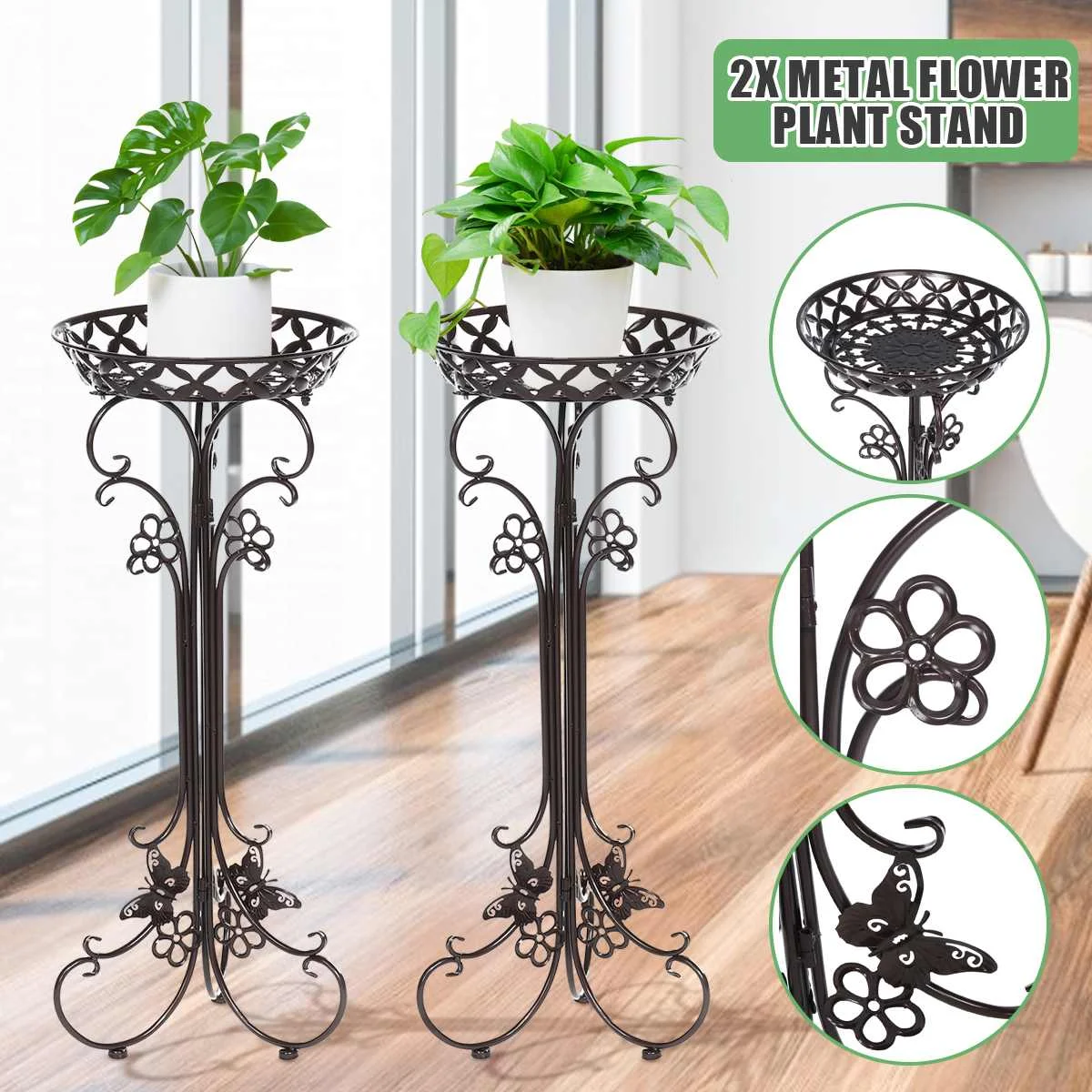 

1Pair Iron Flower Stand Pots Tray Plant Shelves Planter Display Rack Storage Holder Shelf Home Balcony Garden Decoration