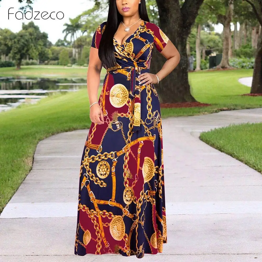 Fadzeco Новое Африканское платье для женщин Модный халат Дашики печати V шеи ремень