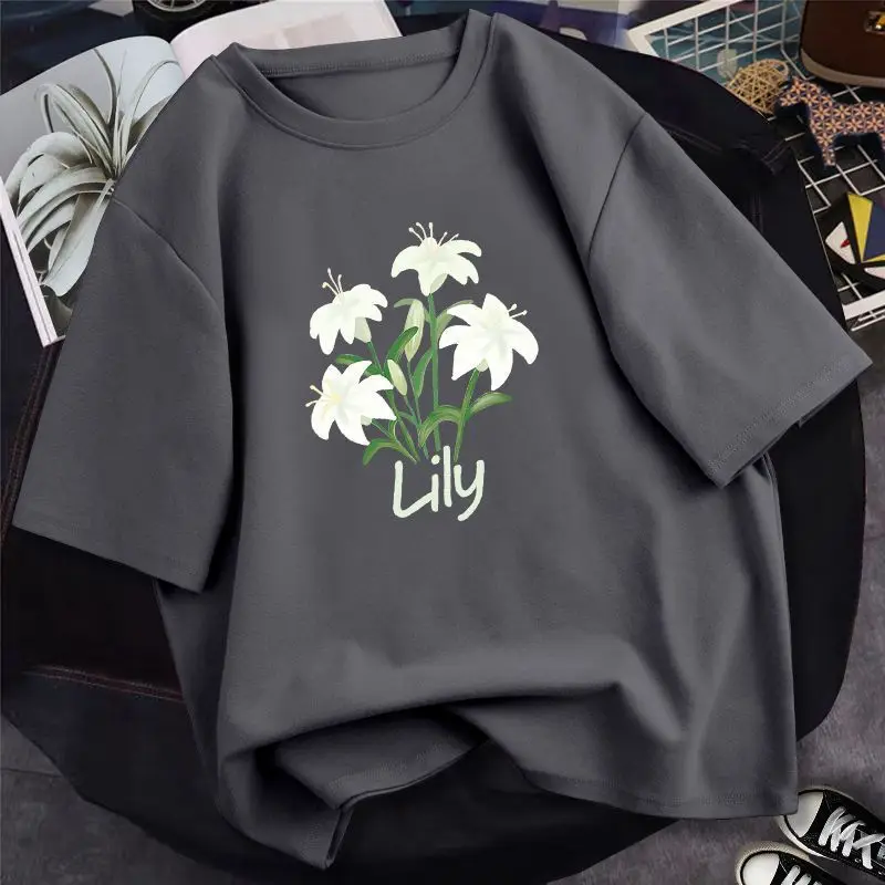 

women's t-shirts summer new lily flower printed fashion O-Neck short sleeve t-shirt Harajuku style female Oversized Tops