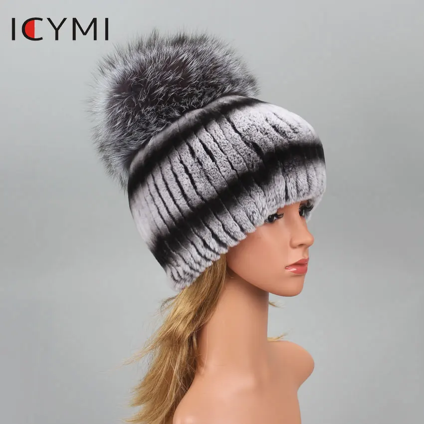 

ICYMI Real Fur Hat For Female With Luxury Fluffy Ball Russian Hats New Cold Winter Genuine Rabbit Fur New Striped Benies Hats