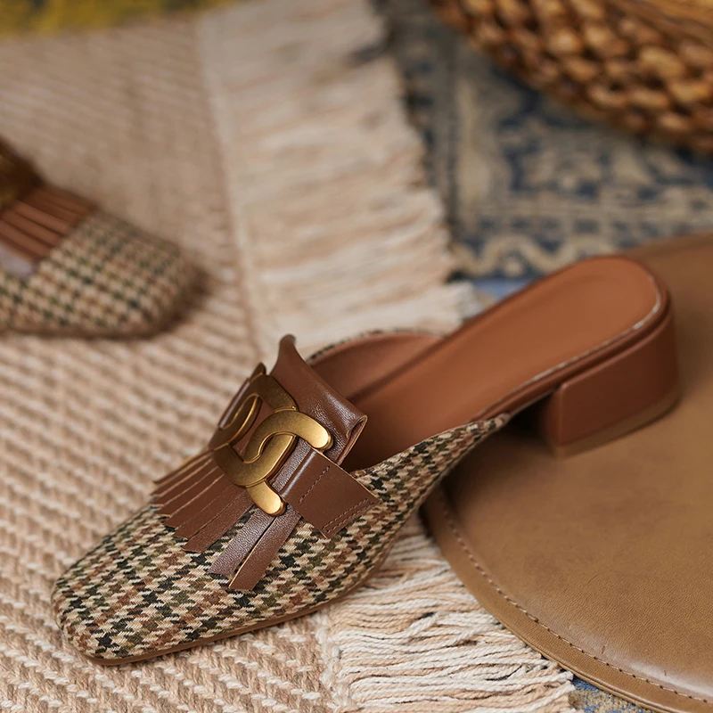 

Women's genuine leather fabric patchwork square toe slip-on low heel comfortable summer mules fringe chain casual slides shoes