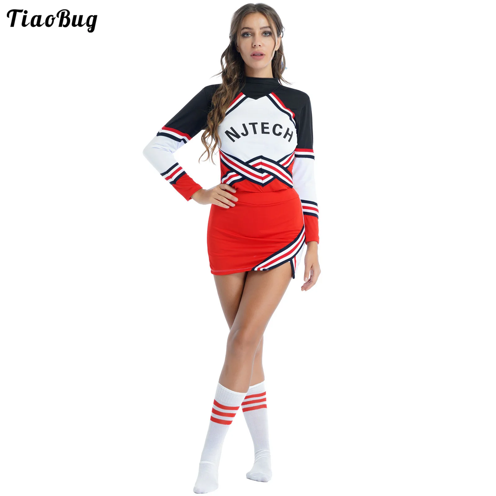 TiaoBug женский Школьный костюм Чирлидера наряд с круглым вырезом длинным рукавом