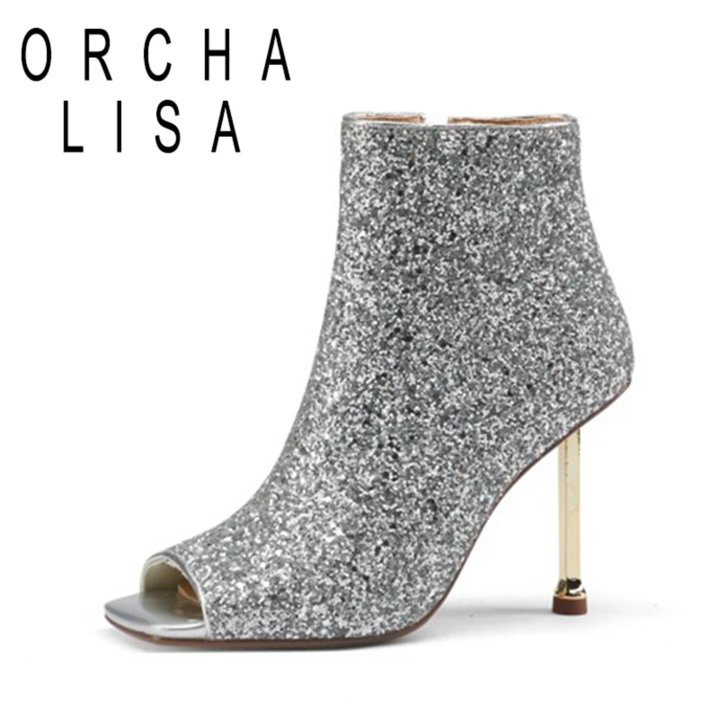 

ORCHA LISA 2021 Bling Mid Calf Glitter Boots Sequined Cloth Peep Toe Zip 9.5CM High Strange Stiletto Heel Size 33-43 A4180