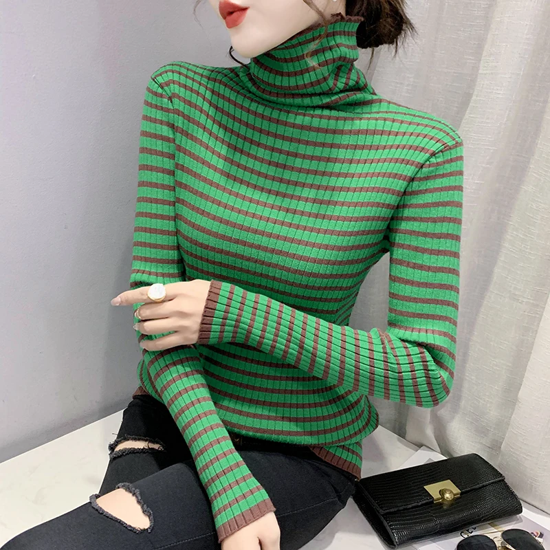 

New Year qiu dong the cargo stripe thickening cultivate one's morality, backing female long sleeve turtleneck sweater frock