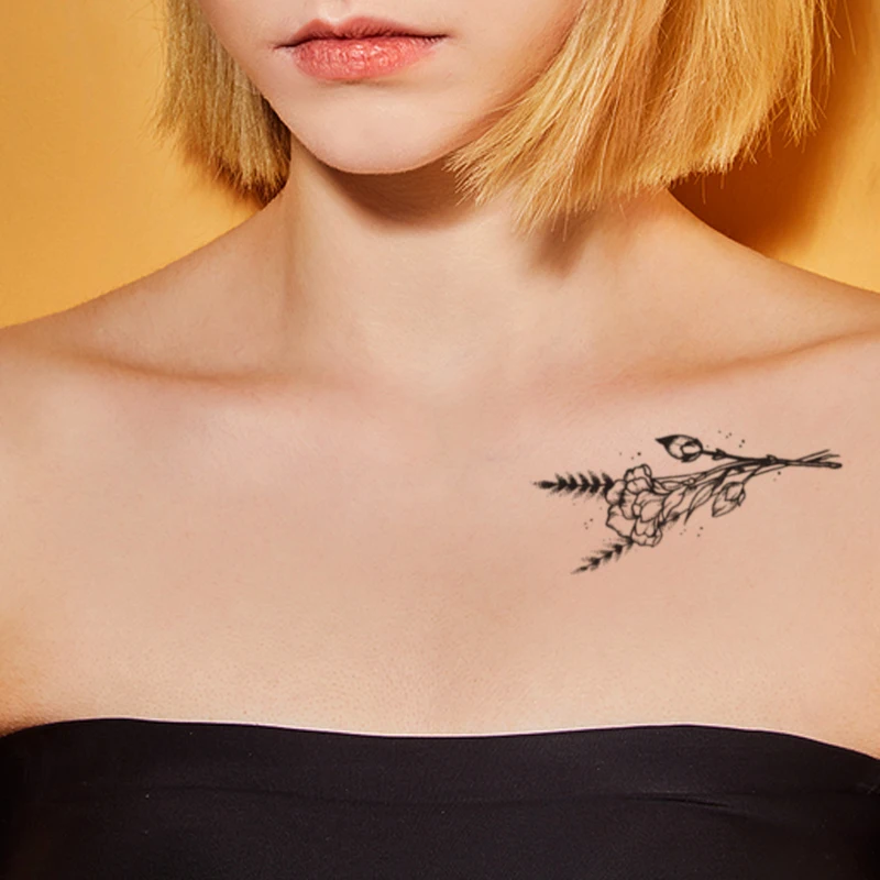 

Sketch Flower Blossom Peony Rose Waterproof Temporary Tattoo Sticker Black Tattoos Body Art Arm Hand Chest Neck Women Fake Tatoo