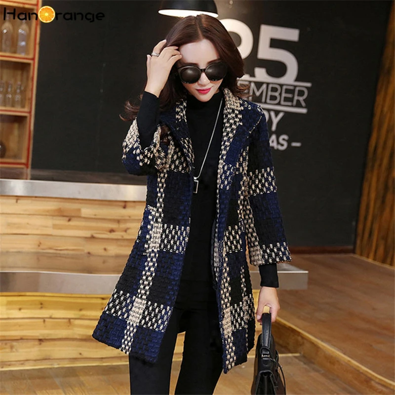 HanOrange рукав 3 четверти плетение плед карман темперамент элегантный Contexture зима 2019