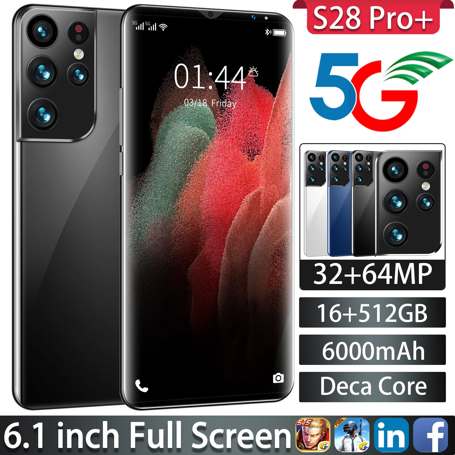 

Global Smartphone S28 Pro Cellphone Snapdragon 888 6.1 Inch Full Screen 16GB 512GB 6000mAh 32MP 64MP Camera Face ID Mobile Phone