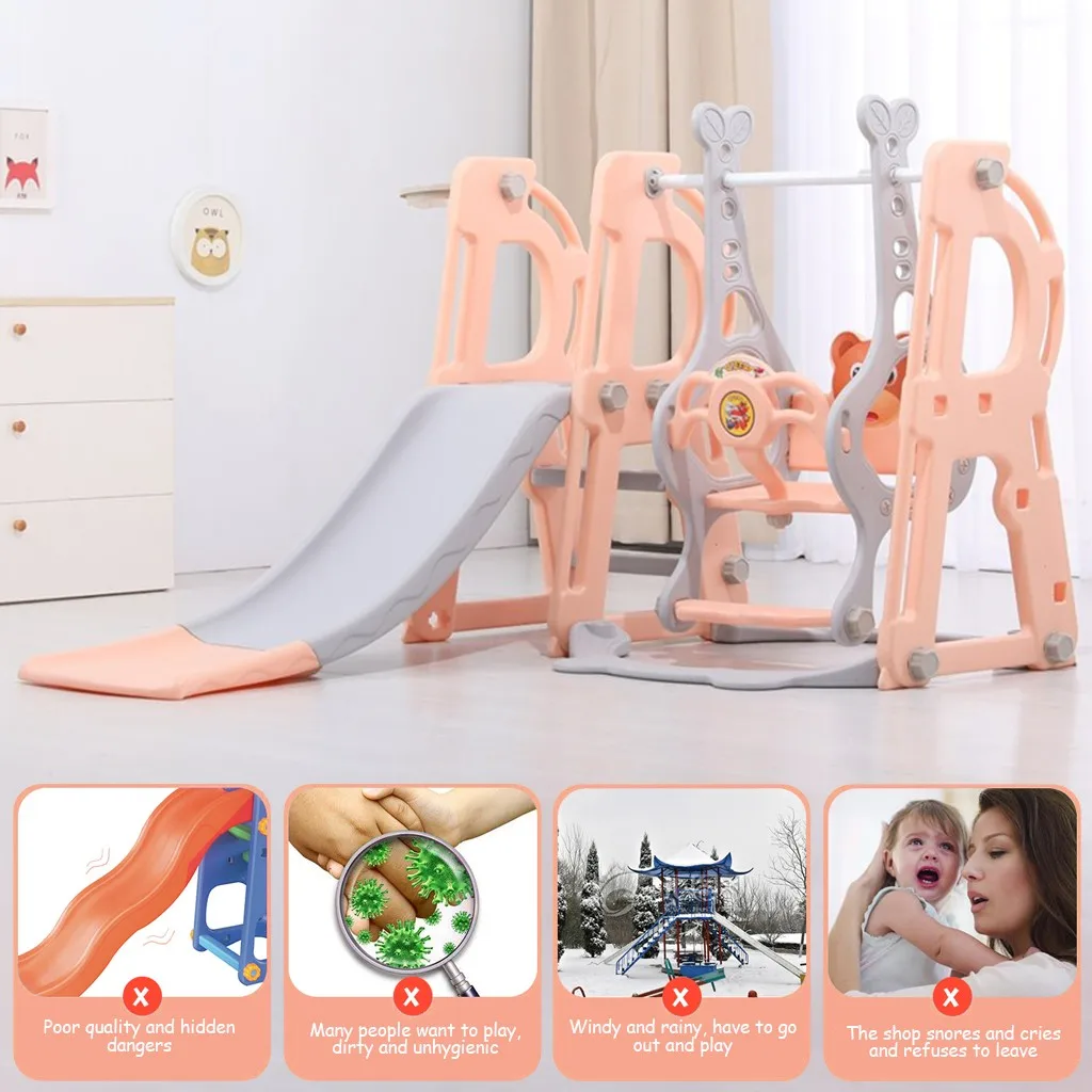 

Toddler Climber And Swing Set 3 In 1 Climber Sliding Playset W/basketball Hoop Kindergarten Student Toys Multifunctional Slide