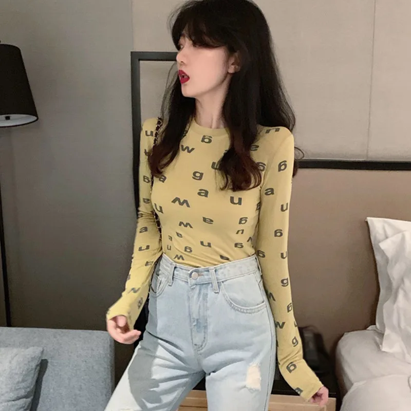 

Korean Tshirts For Women Round Neck Tee Tops Letter Printing Sexy Slim All-Match Long-Sleeved T Shirt Yellow Camiseta Saco XL