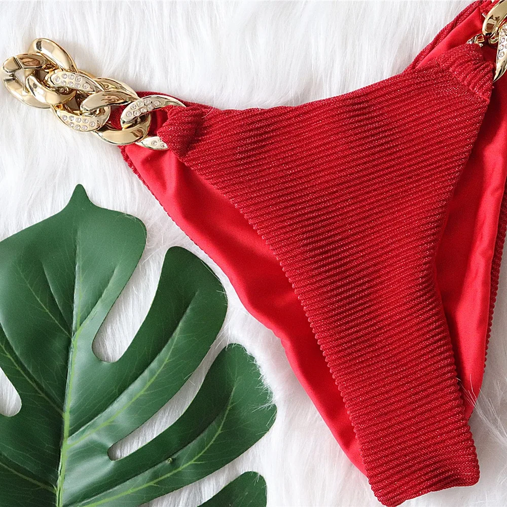 Соблазнительные Стразы бикини с лямкой на шее однотонные красные пуш-ап