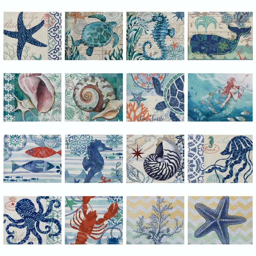 

Подставки под стаканы морской тематики, льняные коврики для столовых приборов с тропическими морскими животными, морскими звездами, черепа...