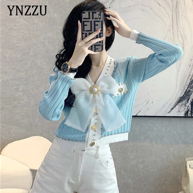 

Sexy Women bow knit cardigan Women's Fall Spring Beading Pearl V-neck Slim Female Knitted sweater jacket 2021 New YNZZU 1O206