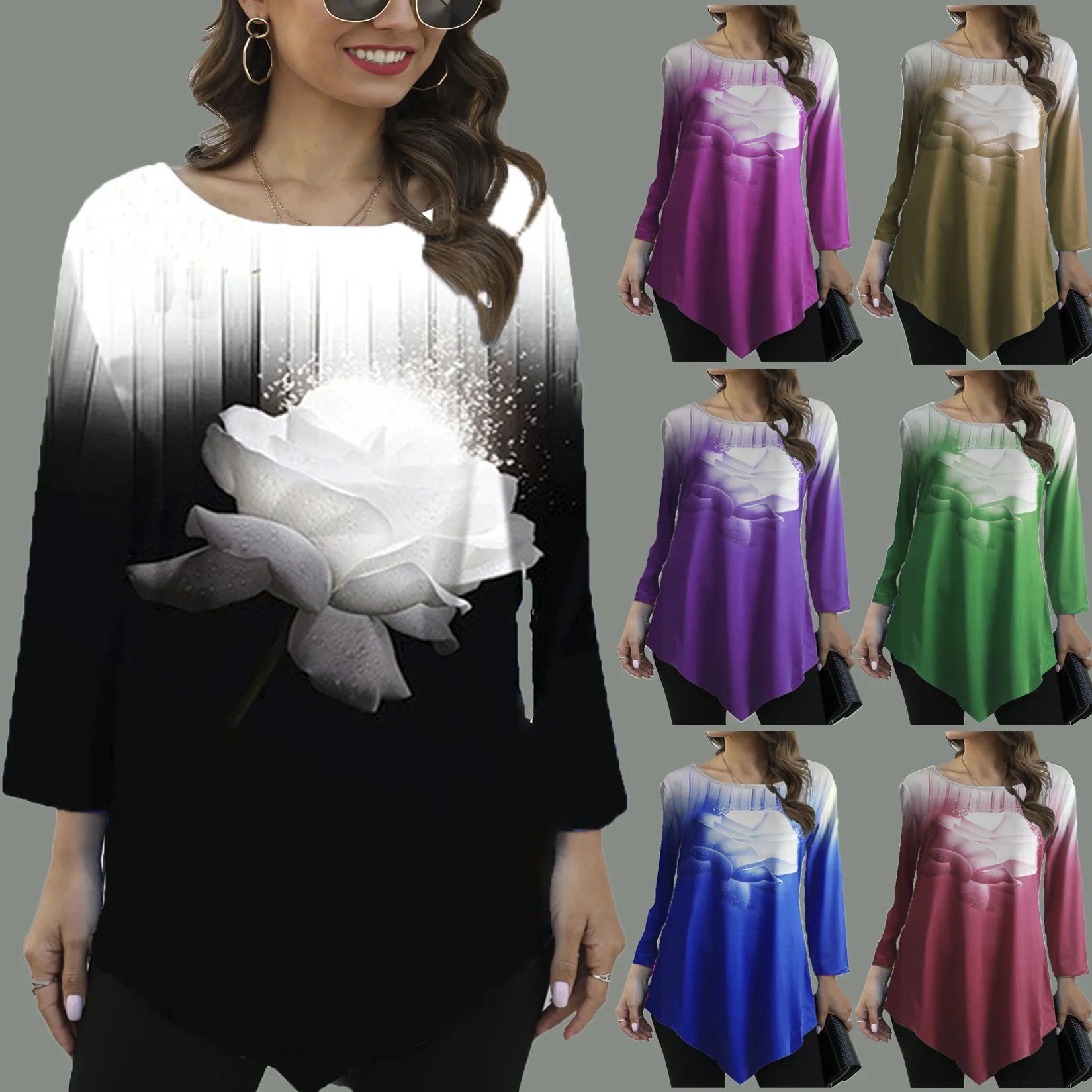 3D Цветочный принт женские блузки с рукавом три четверти О образным вырезом над