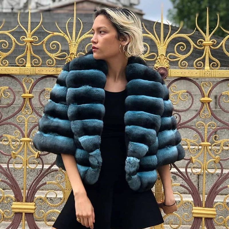 High Quality Real Fur Coat 2022 New Winter Whole Skin Genuine Chinchilla Color Rex Rabbit Fur Jacket Stand Collar Luxury Outwear