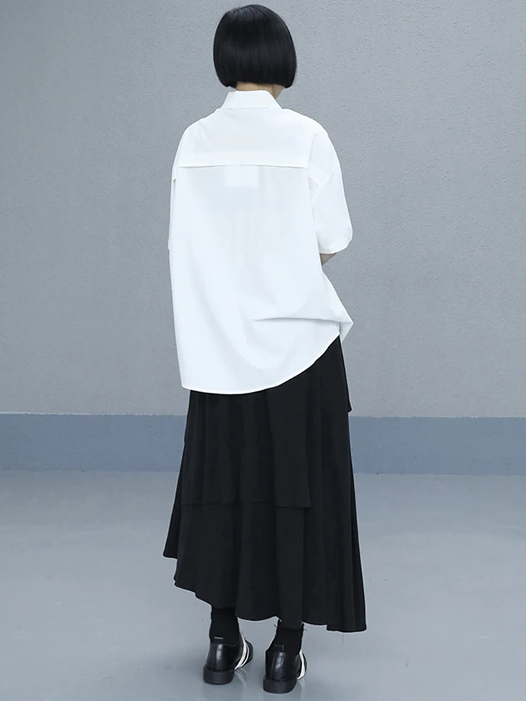 

[EAM] Women White Pattern Printed Big Size Blouse New Lapel Half Sleeve Loose Fit Shirt Fashion Tide Spring Summer 2021 1DE0753