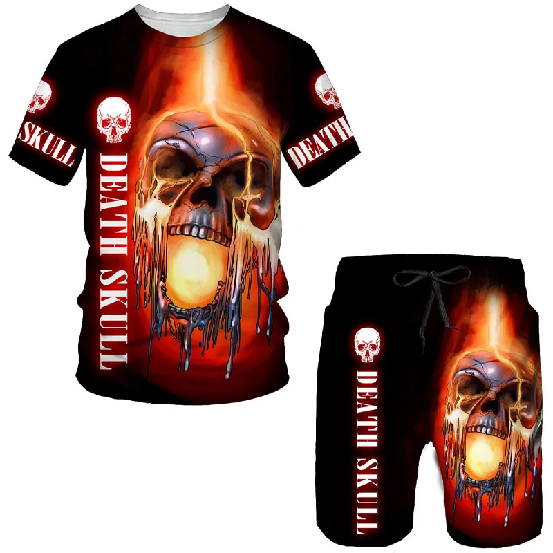 

Men's Sportswear Tracksuit O Neck Short Sleeve Men's Clothing Suit Summer 3D Death Skull Printed Men's T-shirt Shorts Set