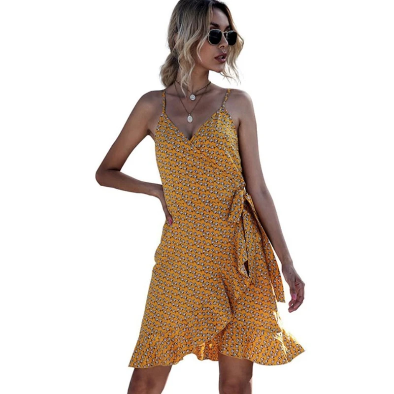 

Woman Summer Floral V-Neck Midi Dresses Sling Holiday Dress High Waist Print Ruffles Sleeveless Sundress