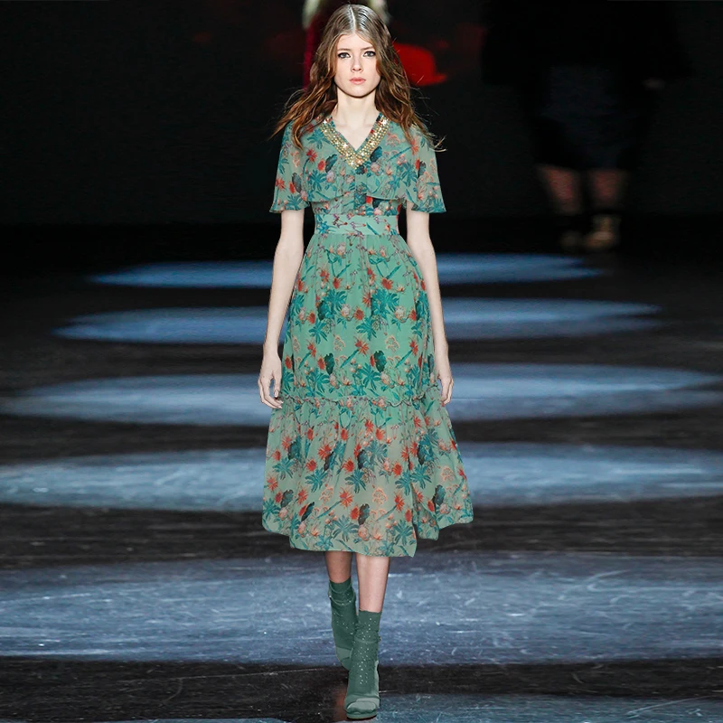 

V-neck Beaded Cloak Lotus Leaf Sleeve Stretch Chiffon Print Temperament Dress 2021 Summer New Style Plus Size Dresses for Women