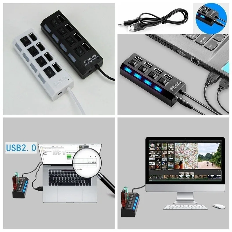 7/4 портов usb-хаб 2 0 со светодиодным переключателем вкл/выкл Разветвитель Usb