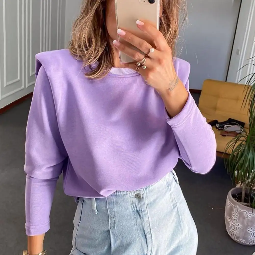 

2021 Women Autumn Winter pullover Long Sleeve Padded Shoulder Plush Sweatshirt Pullover Hoodie Simple Casual outwear tops пальто