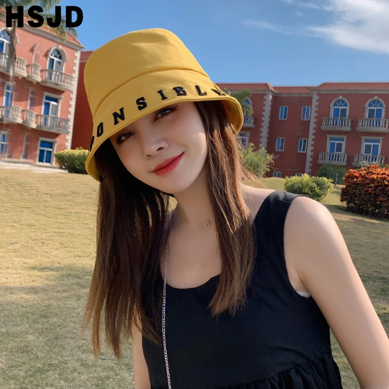 New Korean Fashion Letter Embroidered Flat Top Buckets Hat Summer Women Panama Fisherman Hat Wide Brim Foldable Outdoor Sun Caps
