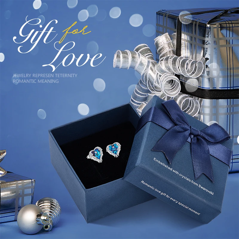 Blue plus box CDE серьги-гвоздики, украшенные кристаллами, женские серьги, крылья ангела, серьги в виде сердца, модные драгоценности для ушей, подарки - Цвет камня: Blue plus box