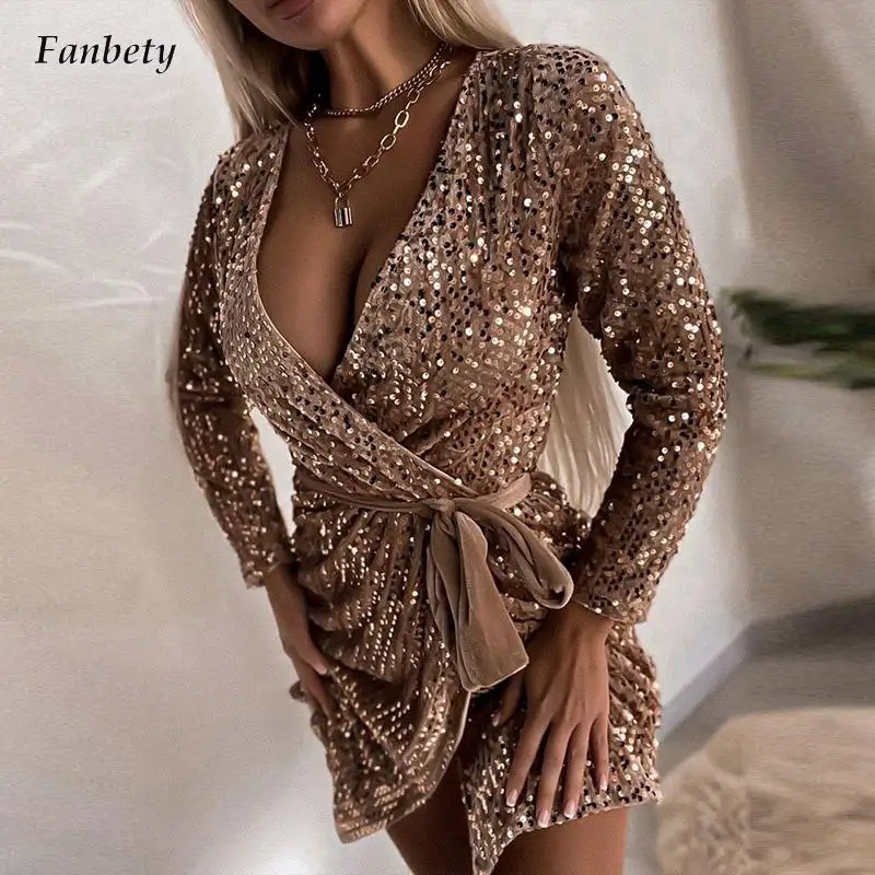 

Платье женское бархатное с запахом, вечерние кантное вечернее мини-платье с блестками, на шнуровке, с длинным рукавом, Модный Блестящий сара...