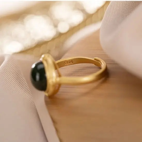 

S925 Sterling Silver Natural Hetian Jade Green Jade South Red Retro Gold Fashion Temperament Personality Lady Open-End Ring for