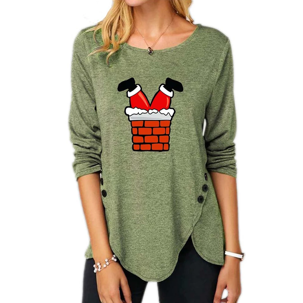 

#w Plus Size Woman Tshirts Cute Cartoon Printed Buttons Long Sleeve Irregular Tops O-Neck Causal Christmas Outfits Clothes 5XL