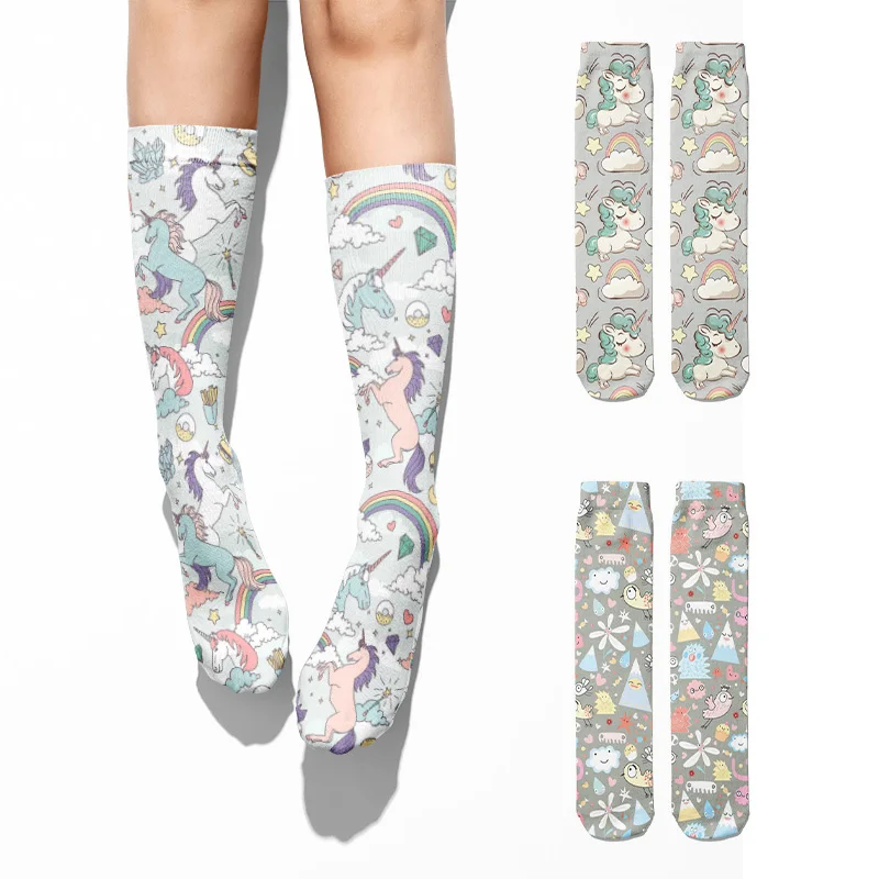 Cute Kawaii Unicorn Rainbow Women Socks Thigh High Casual Funny Compression Socks Cartoon Flowers Girl Harajuku Cotton Socks