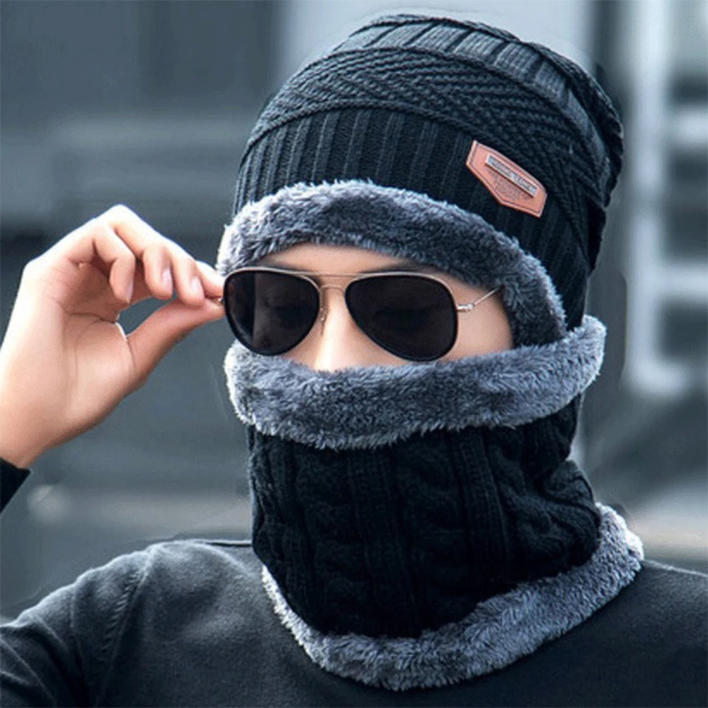 Зимняя мужская шапка мешковатая Теплая Лыжная Шапка шарф Набор шейных платков